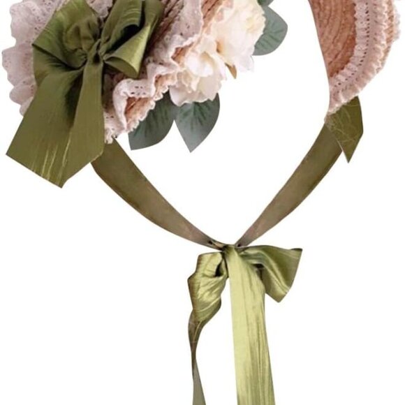 Accessories - Girls Women Victorian Lolita Flat Bonnet Cap Tea Party Sun Hat Lace Bows Flower
